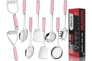 MUJINON 18/0 Stainless Steel Cooking Utensils Set, Heavy Duty Pink Handle for Kitchen Daily Use Party Wedding Housewarming, D