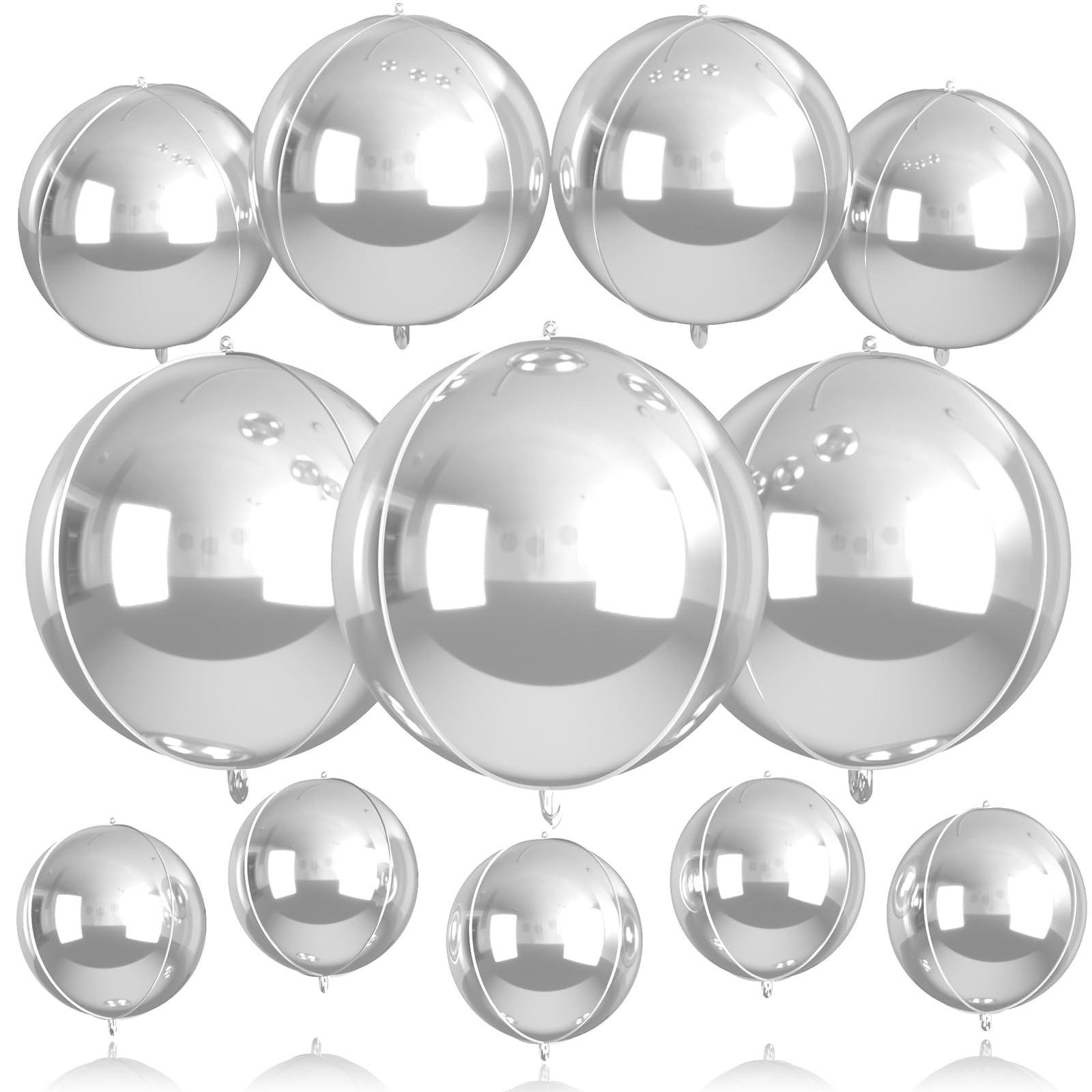Photo 1 of 12 Pcs Silver Foil Balloons, 22" 15" 10" 4D Ball Shape Balloons Mirror, Different Size Metallic Silver Balloons for Disco Graduation Birthday Wedding New Year Baby Shower Party decorations Backdrop