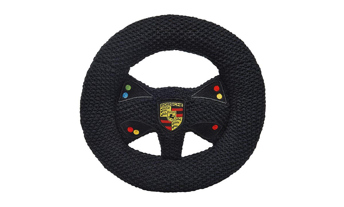 Porsche Knitted steering wheel with rattle black motor sport for children to play with here plus extra key ring with screw cap, set
