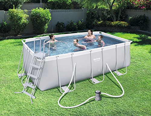 Bestway Frame Pool Power Steel, Set, hellgrau, rechteckig mit Filterpumpe und Sicherheitsleiter, 412 x 201 x 122 cm, grau – Bild 3