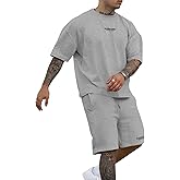 Epoleatries Men's 2 Piece Outfits Letter Drop Shoulder Oversize Tee Shirt Shorts Set Athletic Jogging Summer Tracksuit