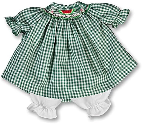 Dk. Green Gingham Watermelon Smocked Doll Dress 15"