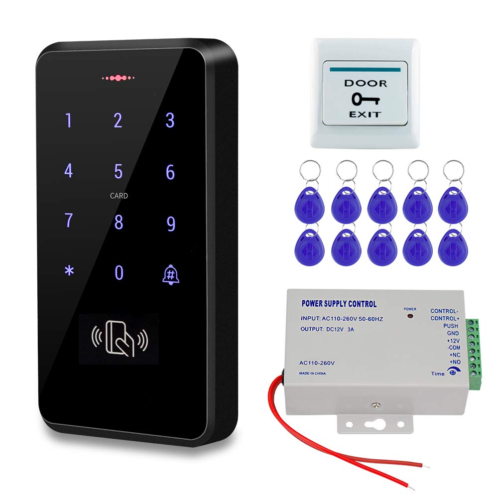 HFeng Outdoor Door Access Control System Kit IP68 Waterproof RFID Keypad Card Reader + Power Supply + Door Exit Button +10pcs Keyfobs (Without Lock)