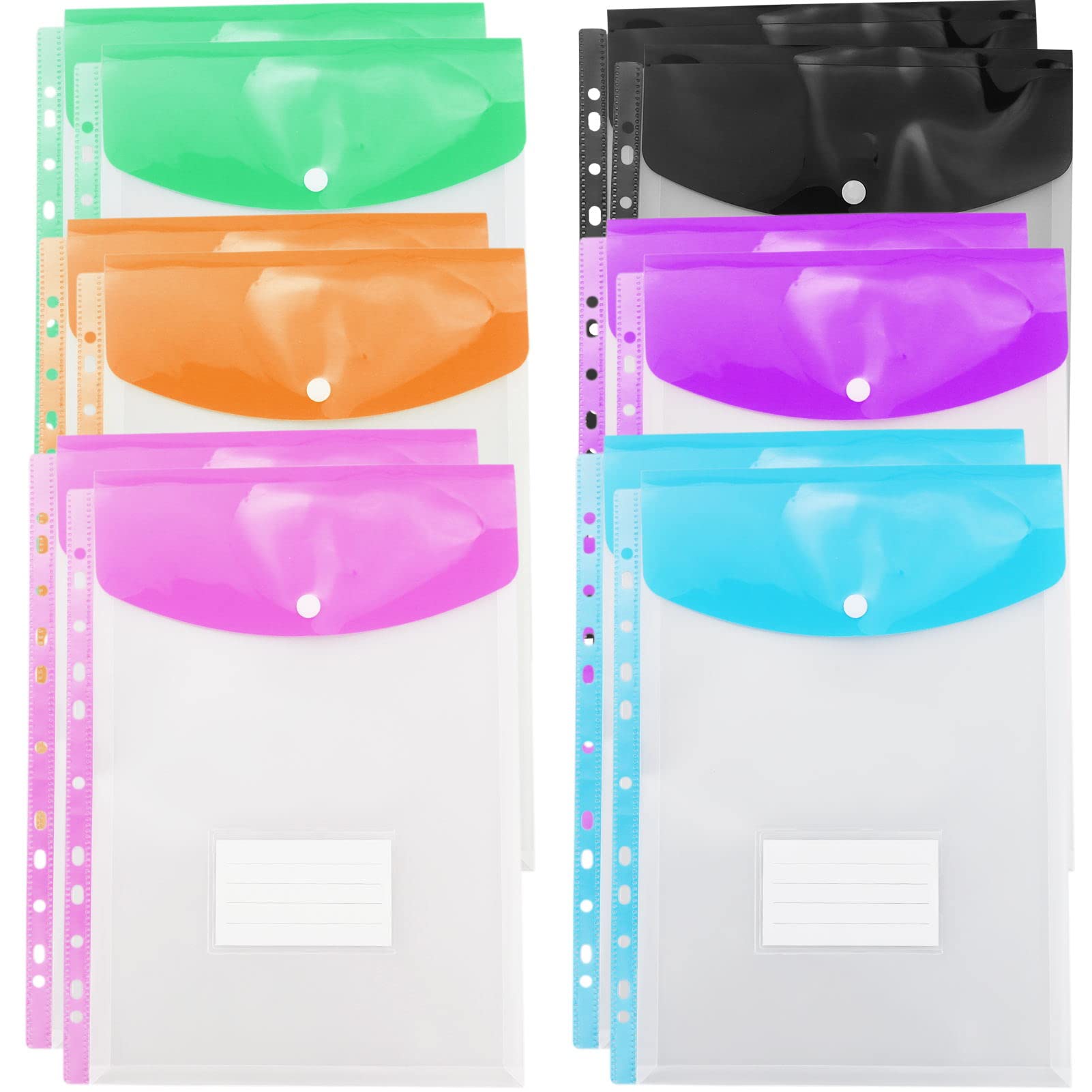 Plastic Wallets A4 Punched Pockets – 12PCS Expandable A4 Plastic Wallets Folders Document Files Wallets with Button Closure and Label Pocket for Home, Office and School Files, Assorted Colours