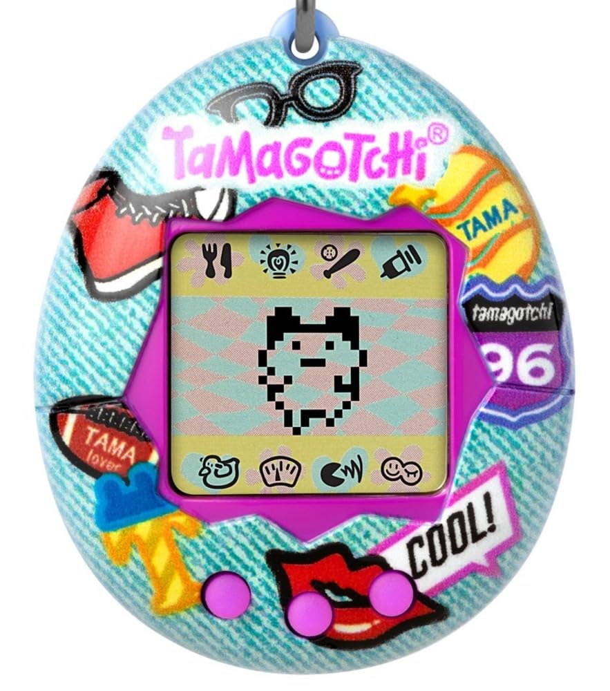 BandAI Tamagotchi Original Denim Patches Shell | Tamagotchi Original Cyber Pet 90s Adults and Kids Toy with Chain | Retro Virtual Pets are Great Boys and Girls Toys or Gifts for Ages 8+
