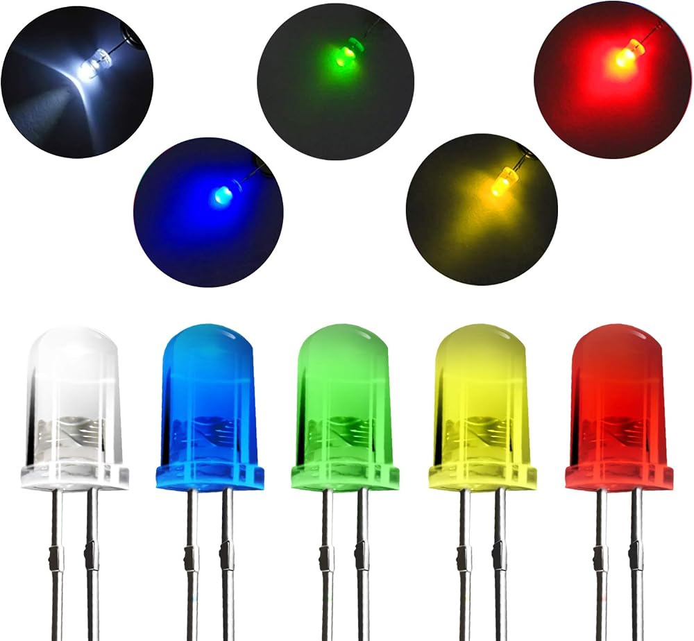 NOVELTY PLACE 100 Pcs 5mm LED Diodes White Red Yellow Green Blue 2V-3V 20mA