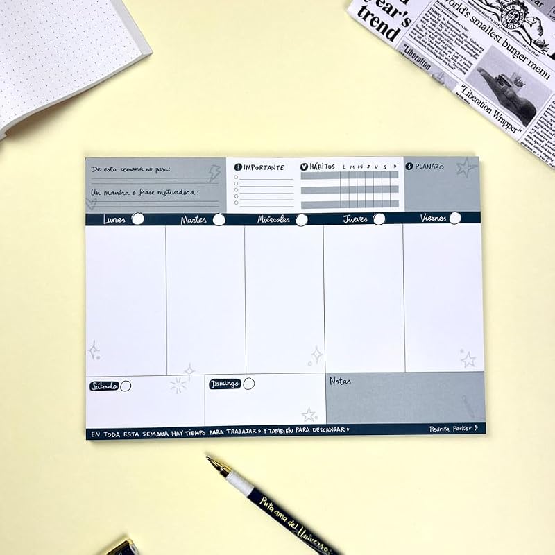 Planificateur hebdomadaire Pedrita Parker A4 - Planificateur hebdomadaire en espagnol sans date pour améliorer votre productivité [52 feuilles de grammage élevé]