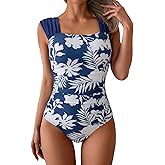 B2prity Womens One Piece Swimsuit Square Neck Retro Tummy Control Bathing Suits Ruched Modest Full Coverage Swimwear
