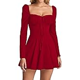 EYNMIN Long Sleeve Mini Dress Lace Sweetheart Neckline Flowy A Line 2025 Fall Short Going Out Dresses for Women