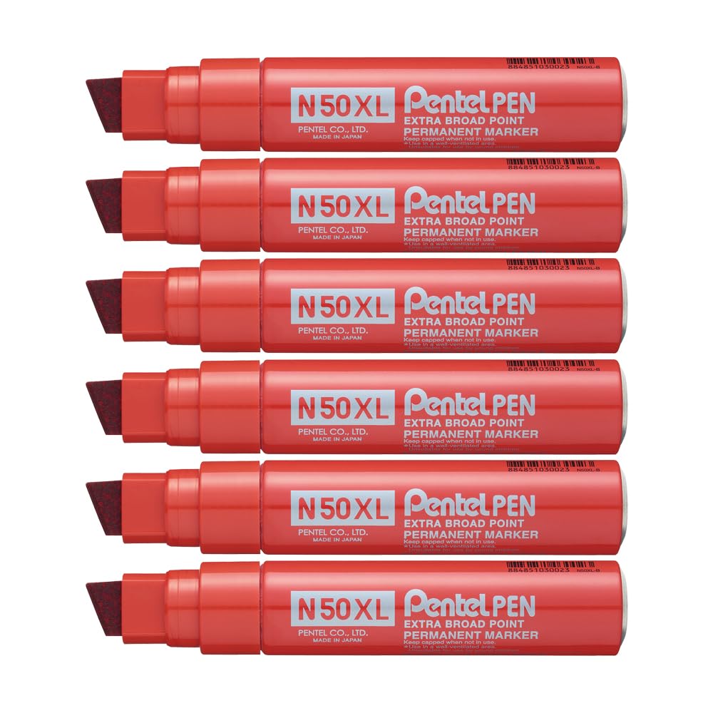 Pentel N50XL Chisel Tip Permanent Marker - Red (Pack of 6)