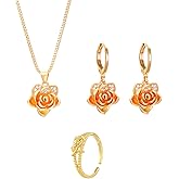 QLUYCKW 3-4 Pcs Red Rose Jewelry Set for Women Dainty Trendy Roses Flower Pendant Necklace Vintage Flower Green Leaf Bracelet Dangle Earrings Wedding Valentine's Day Charm Jewelry