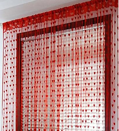 India Furnish Beautiful Heart Design Thread Strings Polyester Door Length Curtains (Red, 60x40-inch) - Set of 2 Pieces