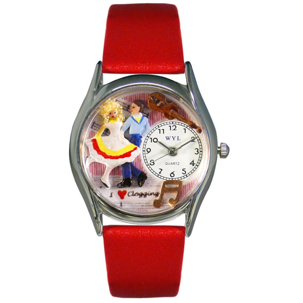 Whimsical Watches Clogging Red Leather and Silvertone Unisex Quartz Watch with White Dial Analogue Display and Multicolour Leather Strap S-0510016