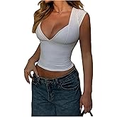 Floerns Women's Sexy Y2k Deep V Neck T Shirts Cap Sleeve Streetwear Going Out Crop Tops