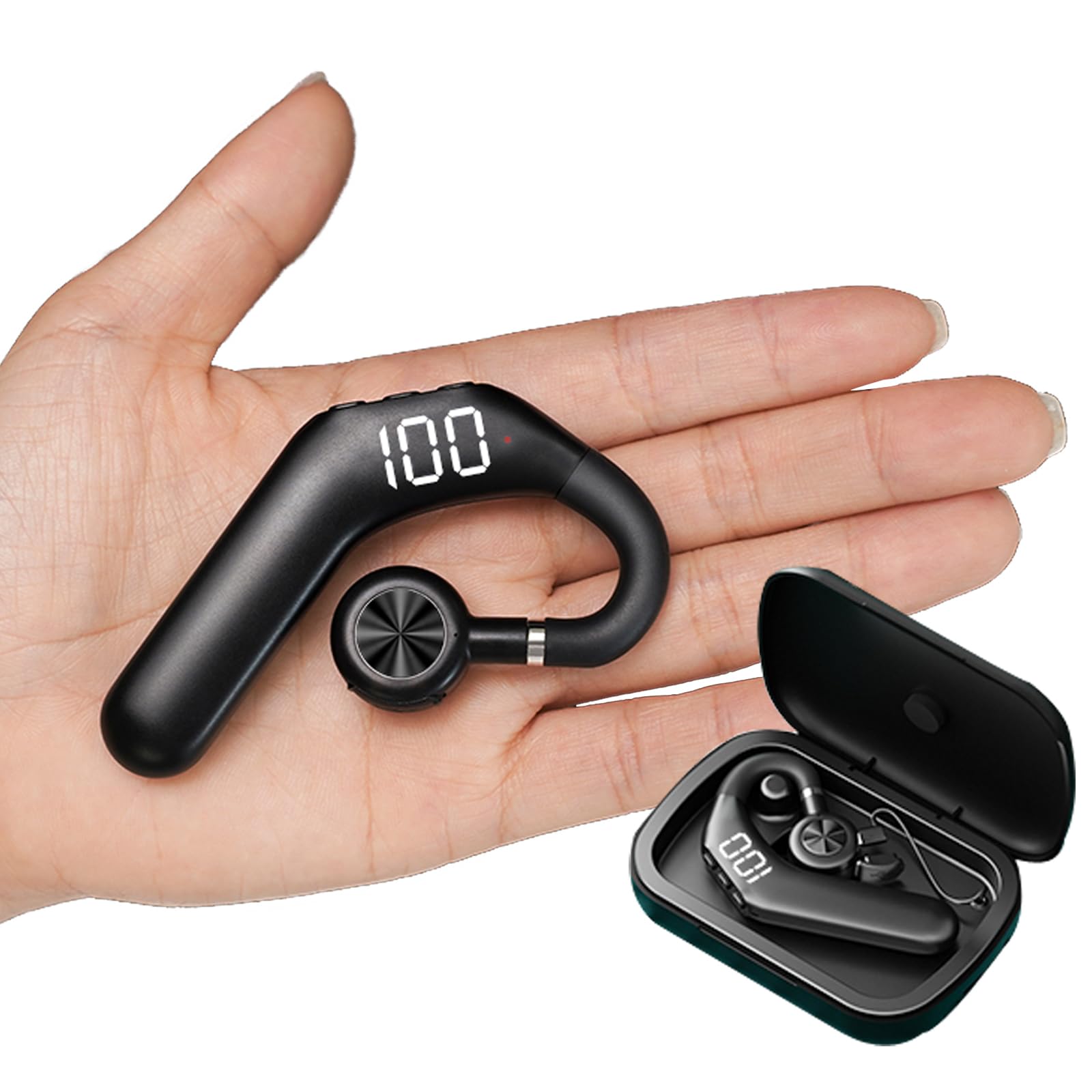 Wireless Handsfree Bluetooth Headset with Microphone Waterproof Single Ear Headphones Hands Free Earpiece Bluetooth Wireless Open Ear Earbuds ENC Noise Cancelling Earphones Over Ear for Work Driving