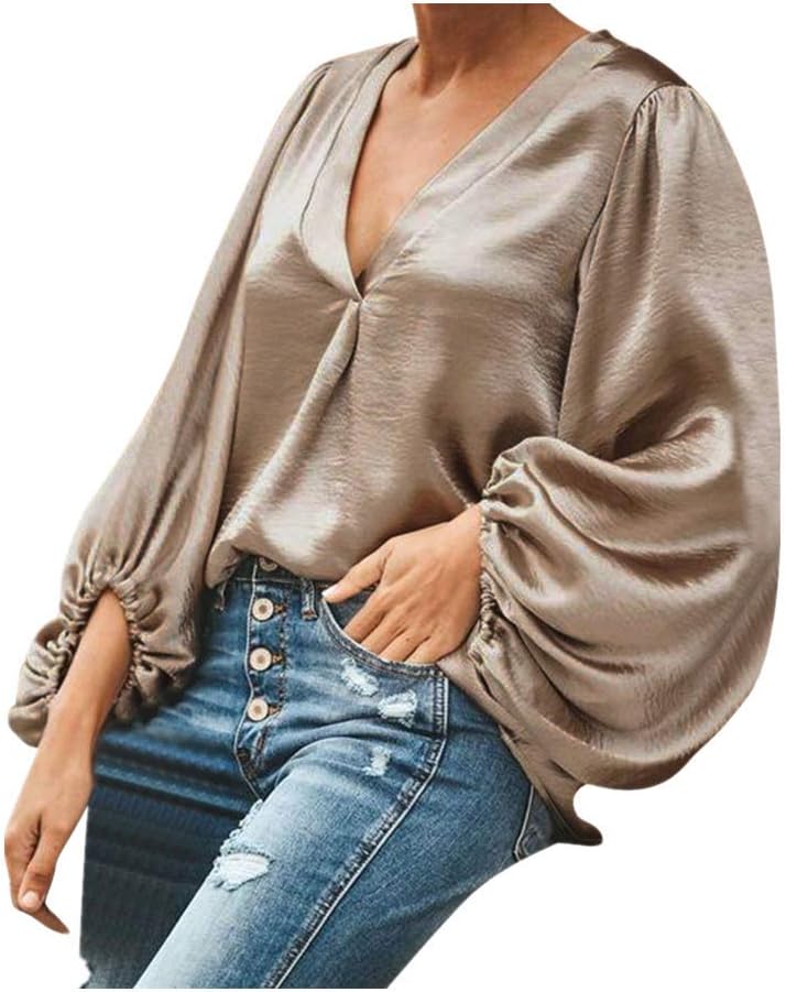 Auimank Womens Deep V Neck Front Tie Knot Tops and Blouses for Work Batwing Sleeve Loose Shirts