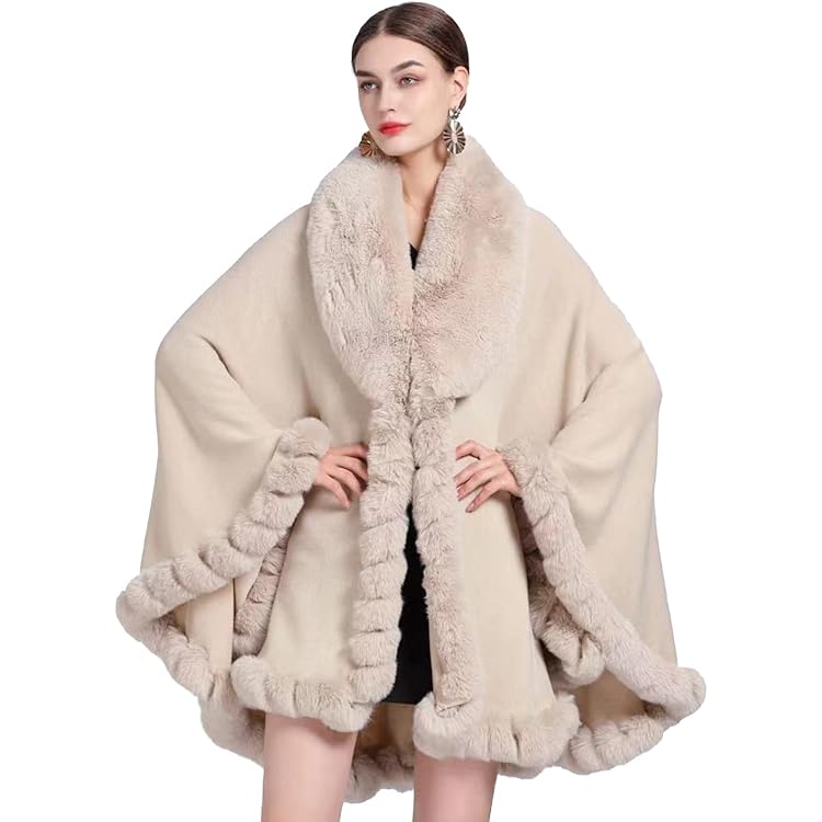 Sexyshine Women's Faux Fur Trim Cloak Poncho Coat Batwing Sleeve