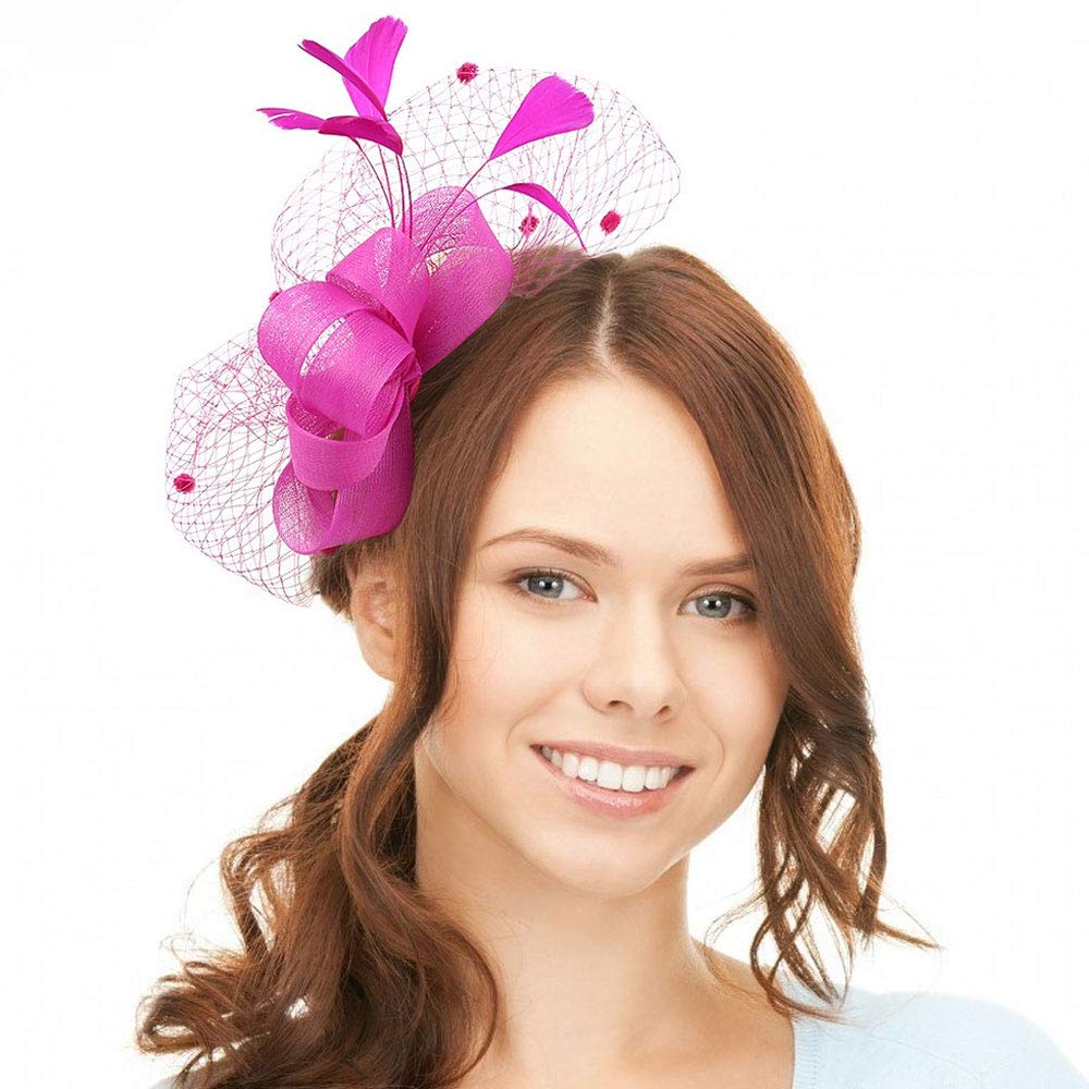 Yishik Women\'s Bowknot Feather Cocktail Party Veil Fascinator Hair Clip Hat (Rose Red)