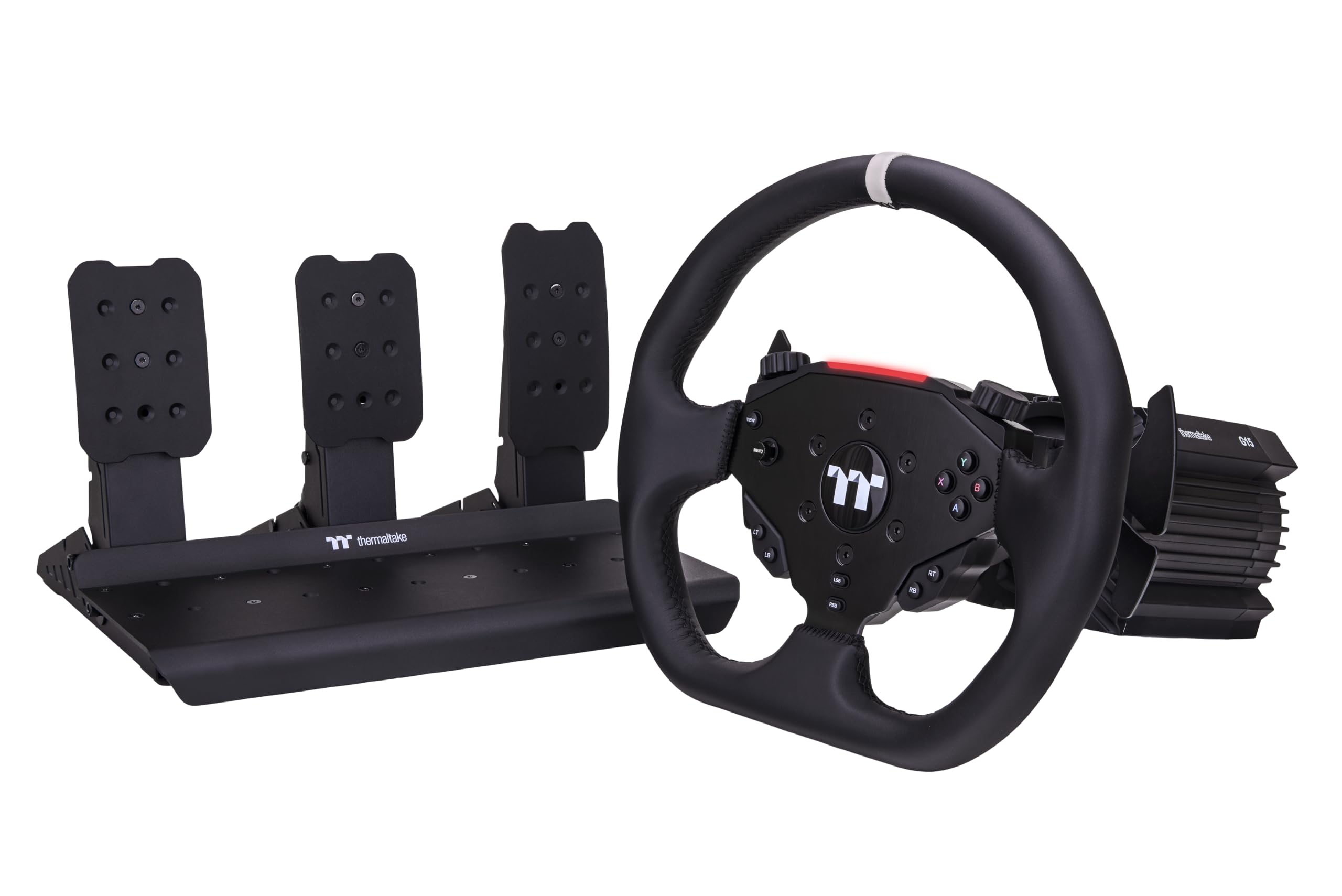 Thermaltake G15 Direct Drive Racing Wheel Bundle mit Lenkrad, Wheel Base und 3 Pedalen | 15 Nm Wheelbase | 13 Zoll D-Shape Lenkrad mit Quick-Release & Dual-Clutch | 16-Bit Encoder | RGB LEDs