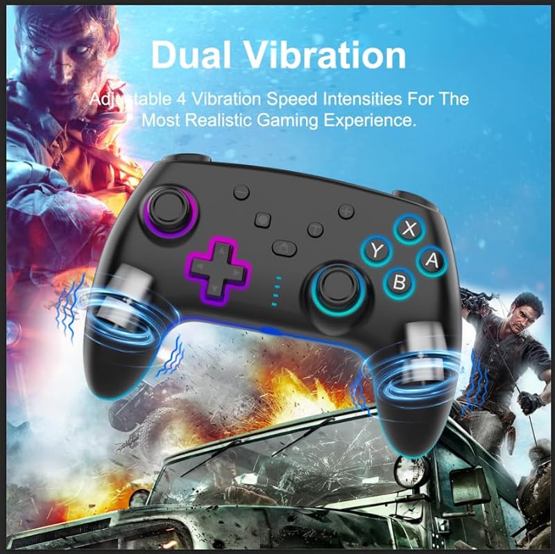 Controller Wireless per Switch/Switch 2/Lite/OLED/PC, Controllore Switch Pro con illuminazione RGB 7 Colori Cangianti/Grilletto Effect Hall/Doppia Vibrazione/Turbo, Joystick Ergonomico Preciso