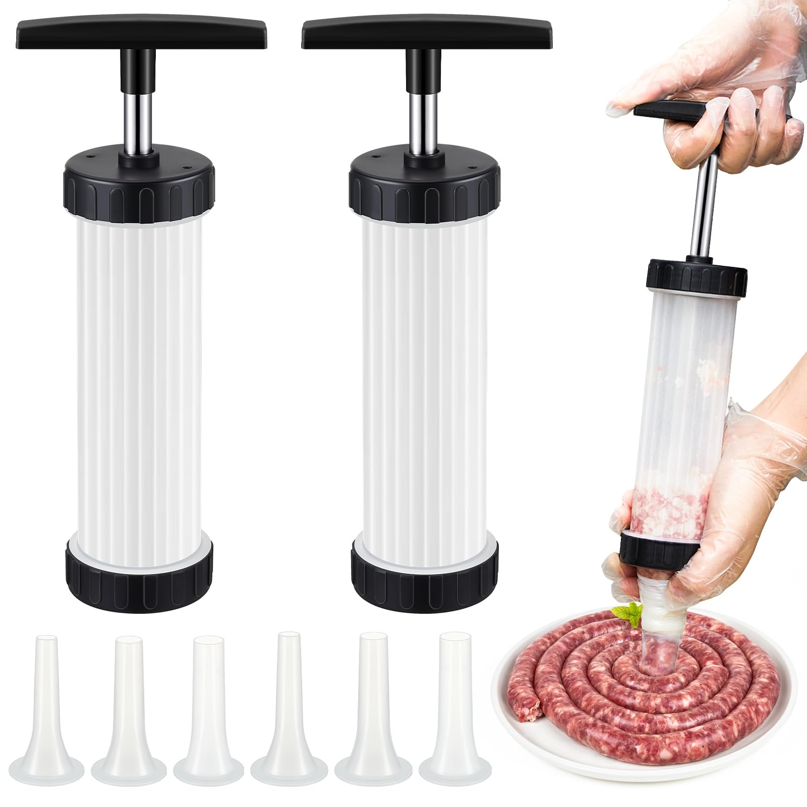 Photo 1 of 2 Set Sausage Stuffer, Plastic Meat Filler Funnel, Meat Stuffers Filler Sausage Press Filling Tools, Hot Dog Stuffer with 3 Size Filling Tubes for Holiday Christmas Household Use Camping Outdoor BBQ