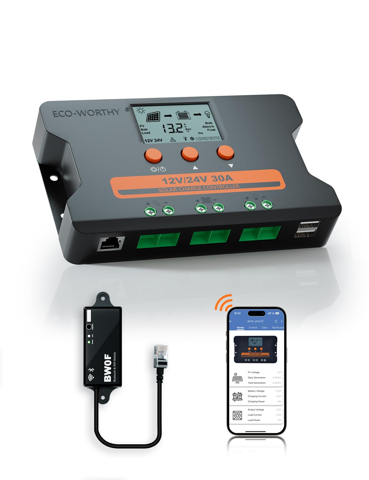Photo 1 of ECO-WORTHY Solar Charge Controller 30A with Bluetooth, APP Remote Connection, Solar Panel Custom Battery Regulator, Dual USB Port Auto 12V/24V PWM for FLD/LiFePO4/SLD/GEL RV Solar System