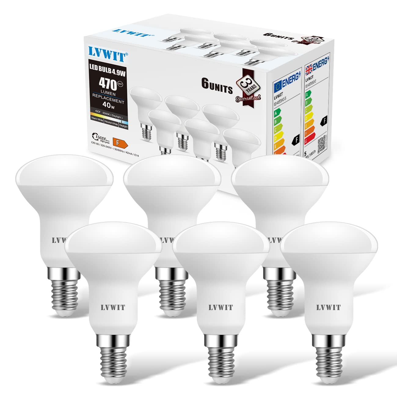 LVWIT E14 Led Light Bulb,R50 Reflector Bulb Small Screw,4.9W 470lm,40W Equivalent E14 Bulb,Cool White 6500K,Daylight LED Spotlight Bulbs Screw Fitting,Non-Dimmable, Pack of 6