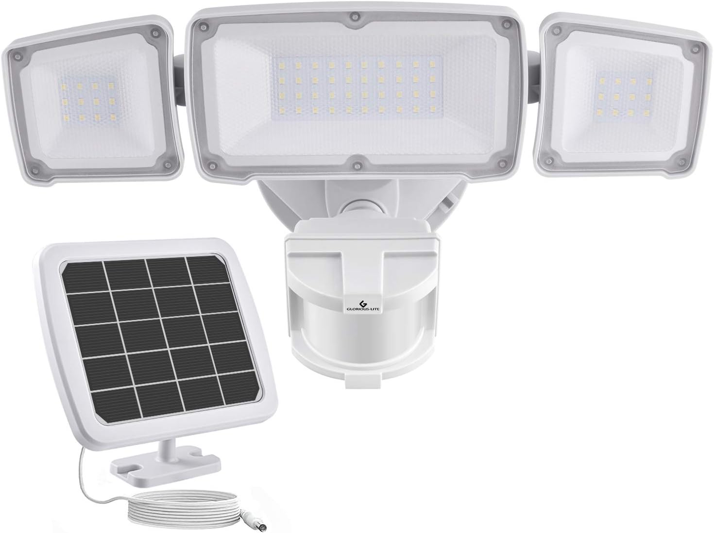 GLORIOUS-LITE Solar Security Light Outdoor, 1600LM Solar LED Motion Sensor Light with 3 Adjustable Head, 5500K, IP65 Waterproof Flood Light for Backyard, Pathway & Patio - - 