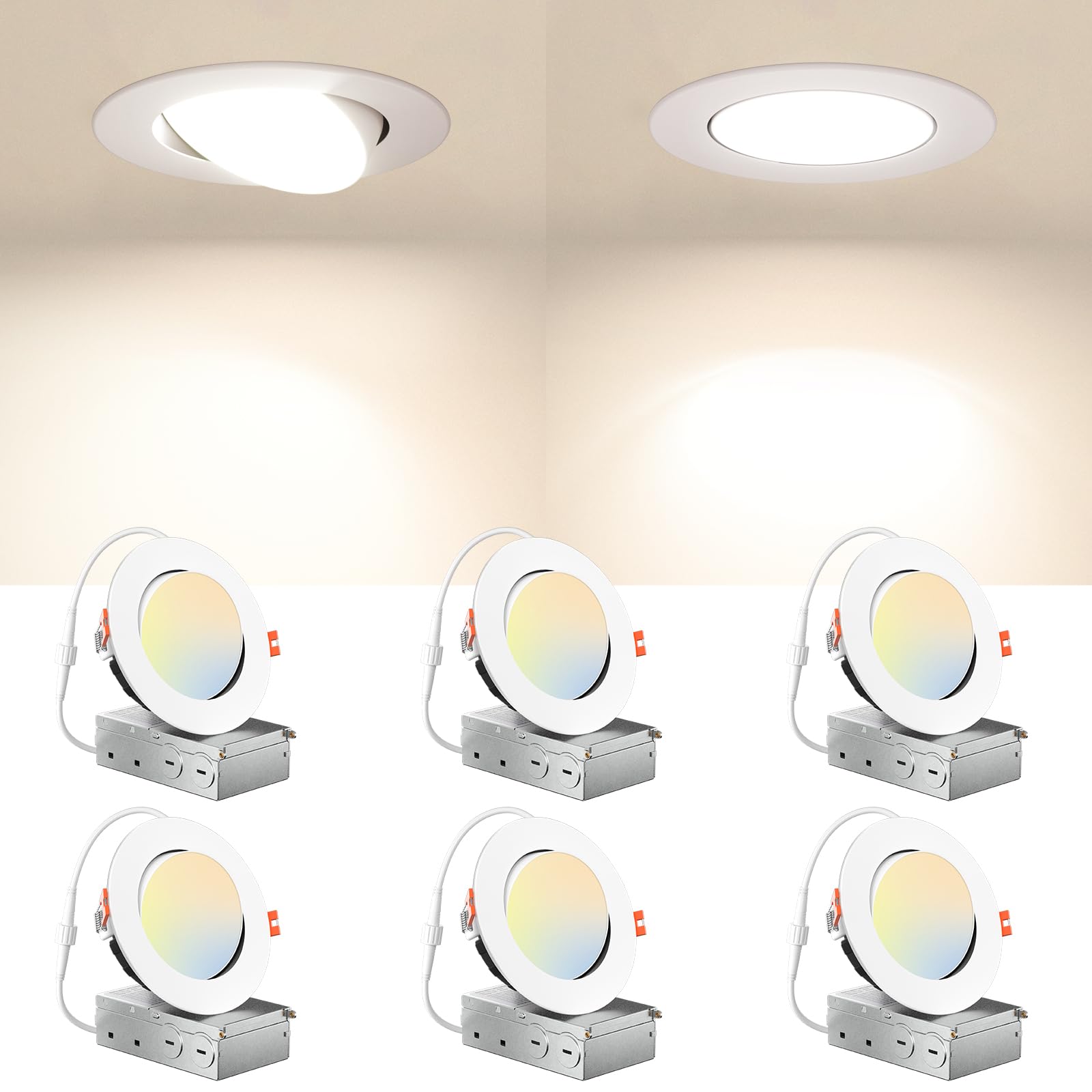 Photo 1 of Amico 6 Pack 4 Inch 5CCT Gimbal LED Recessed Lighting, Directional Adjustable Ceiling Downlight, Angled Dimmable Canless Light with Jbox, 2700K-5000K Selectable, 10W=70W 800LM, ETL&FCC