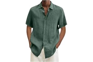 GENERIC Men's Cotton Linen Shirt Casual Button Down Shirts Lightweight Short Sleeve Shirts Summer Dress Shirts Blouse