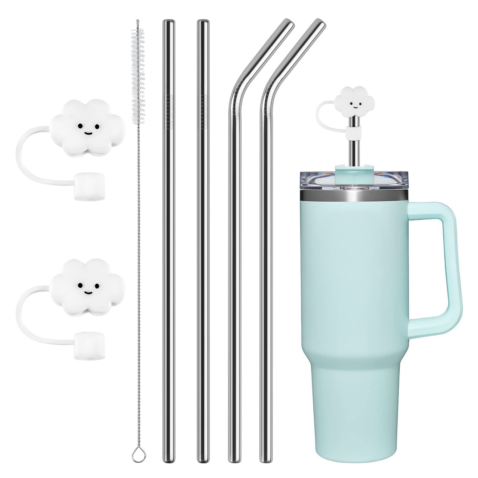 AUAUY 4 PCS Stainless Steel Replacement Straws for Stanley 40oz Cup, Reusable Straws Compatible with Stanley Adventure Quencher Travel Tumbler, Durable Cup Straws with Cleaning Brush & Straw Covers