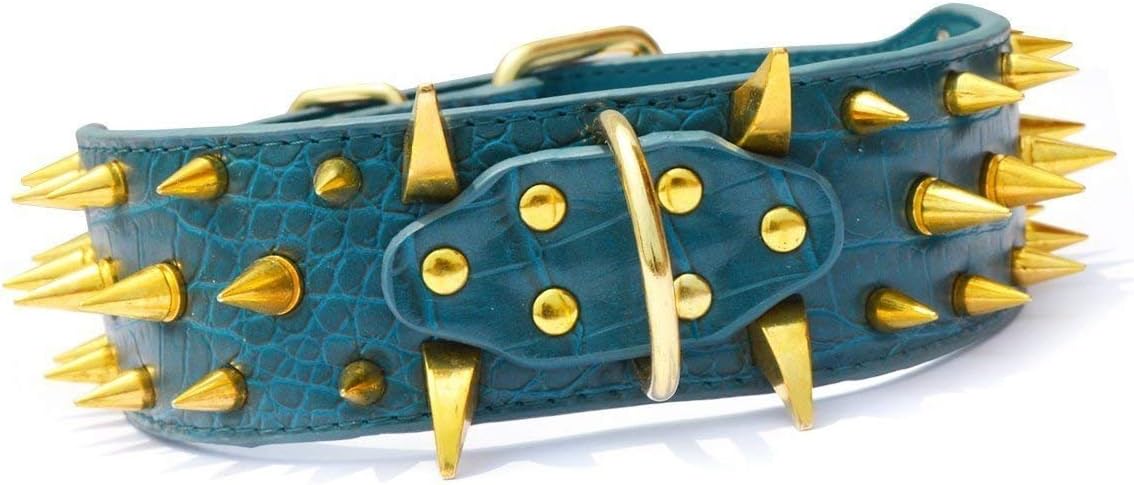 Petsplanet Brass Spike PU Collar for Dog Blue