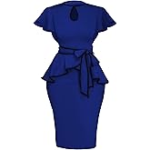 Women's Vintage Bodycon Church Ruffle Sleeve Ruched Dresses Work Midi Pencil Dress