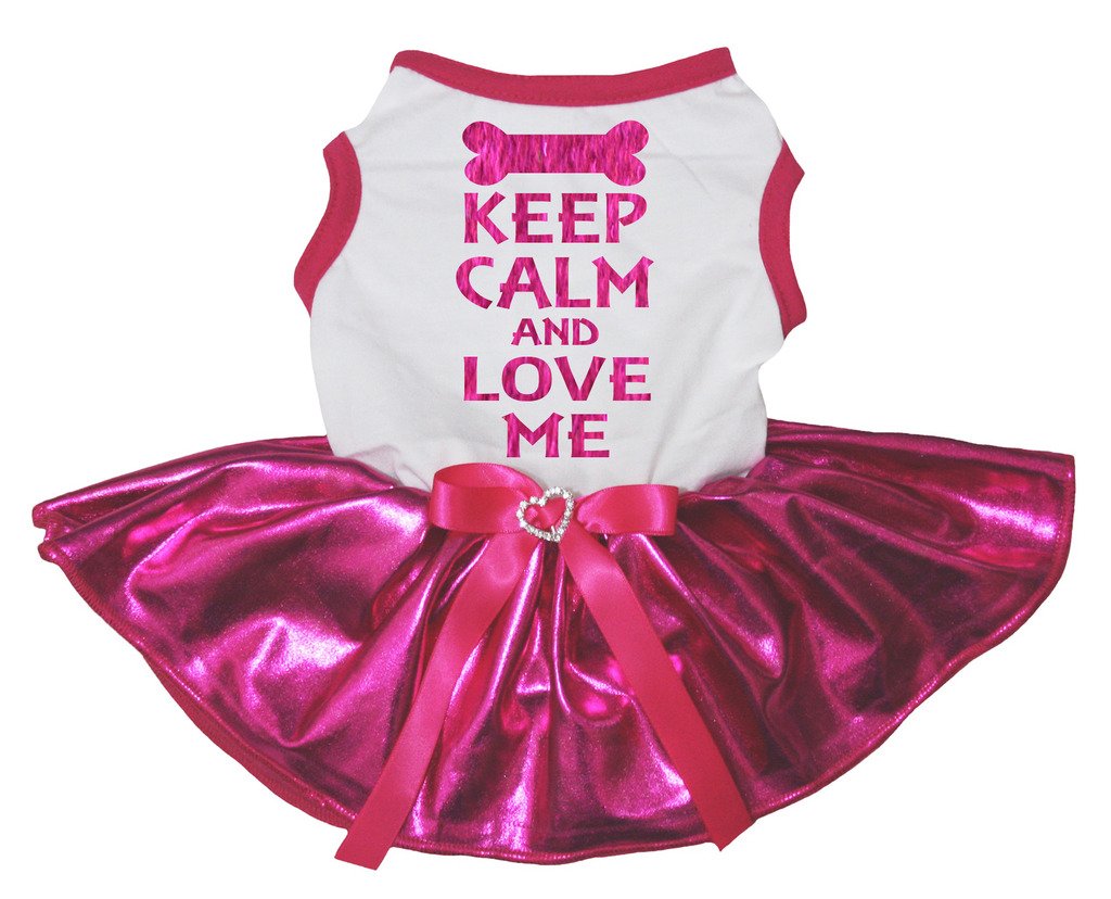 Petitebelle Keep Calm and Love Me Puppy Dog Dress (White/Bling Hot Pink, Large)