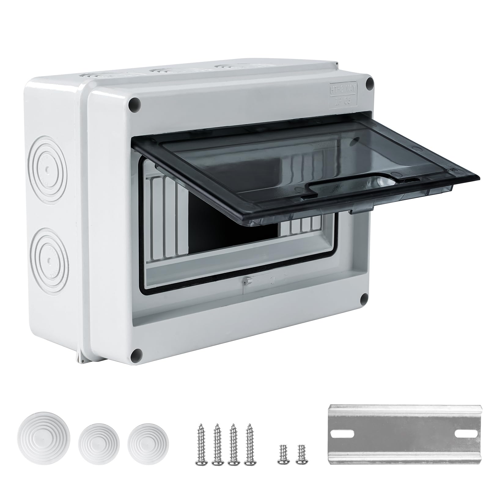 Buyweek 8 Module Distribution Protection Box Surface Mounted Consumer Unit Box IP65 Waterproof Fuse Box with Transparent Window, DIN Rail Box With Terminals for Gardens, In/Outdoor
