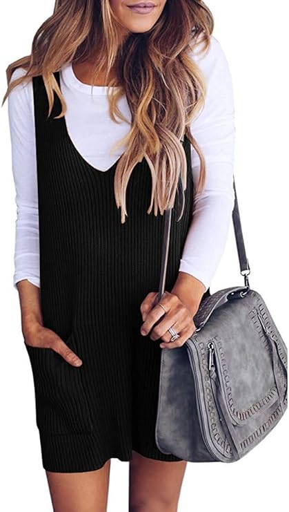 Ybenlover Women's Dungaree Skirt Knitted V Neck Strappy Dress Retro Dresses with Pockets - Black 