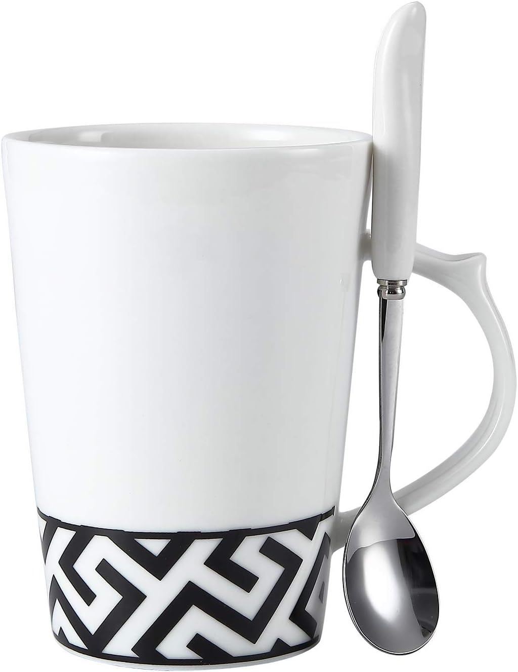 Coffee Tea Mug with Spoon Bone China Black and White 13 Ounce for Coffee, Tea, Cocoa, Dishwasher and Microwave safe