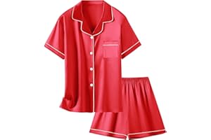 Schbbbta Girls Womens Pajamas, Satin Silky Pjs Set Kids 2Pcs Button-Down Nightwear Sleepwear Gift for Mommy and me