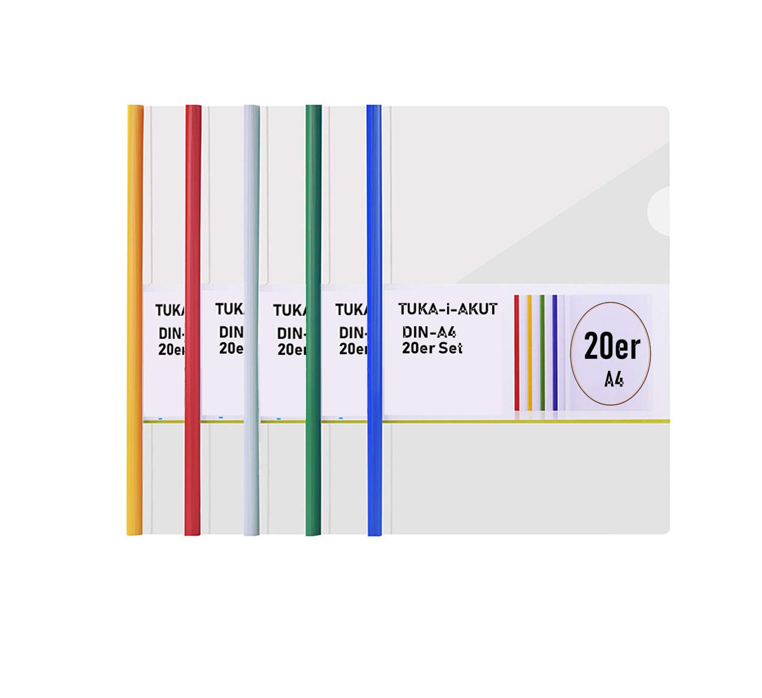 TUKA-i-AKUT 20pcs Clip Bar Files from PP Material, A4 Clear Report Cover Easy Clamping of Unpunched Documents, Clear Project Presentation Slide Binder Folders, 20er Set in 5 Colors, TKD8040-bunt-20x