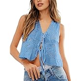 Peaceglad Womens Vest Top Trendy Floral Embroidered Eyelet Tie Front Tops Fashion Crochet Lace Hollow Out Vests