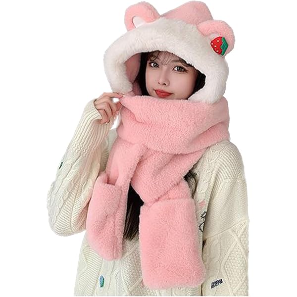 Winter Bear Ear Hat & Scarf Set - Fleece Ear Warmer And Neck Warmer For Women