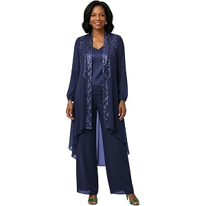 Women's 3 Piece Mother of Bride Pantsuit Sequin Back Chiffon Evening Set | Elegant front and back sequin embroidery; Flowy op