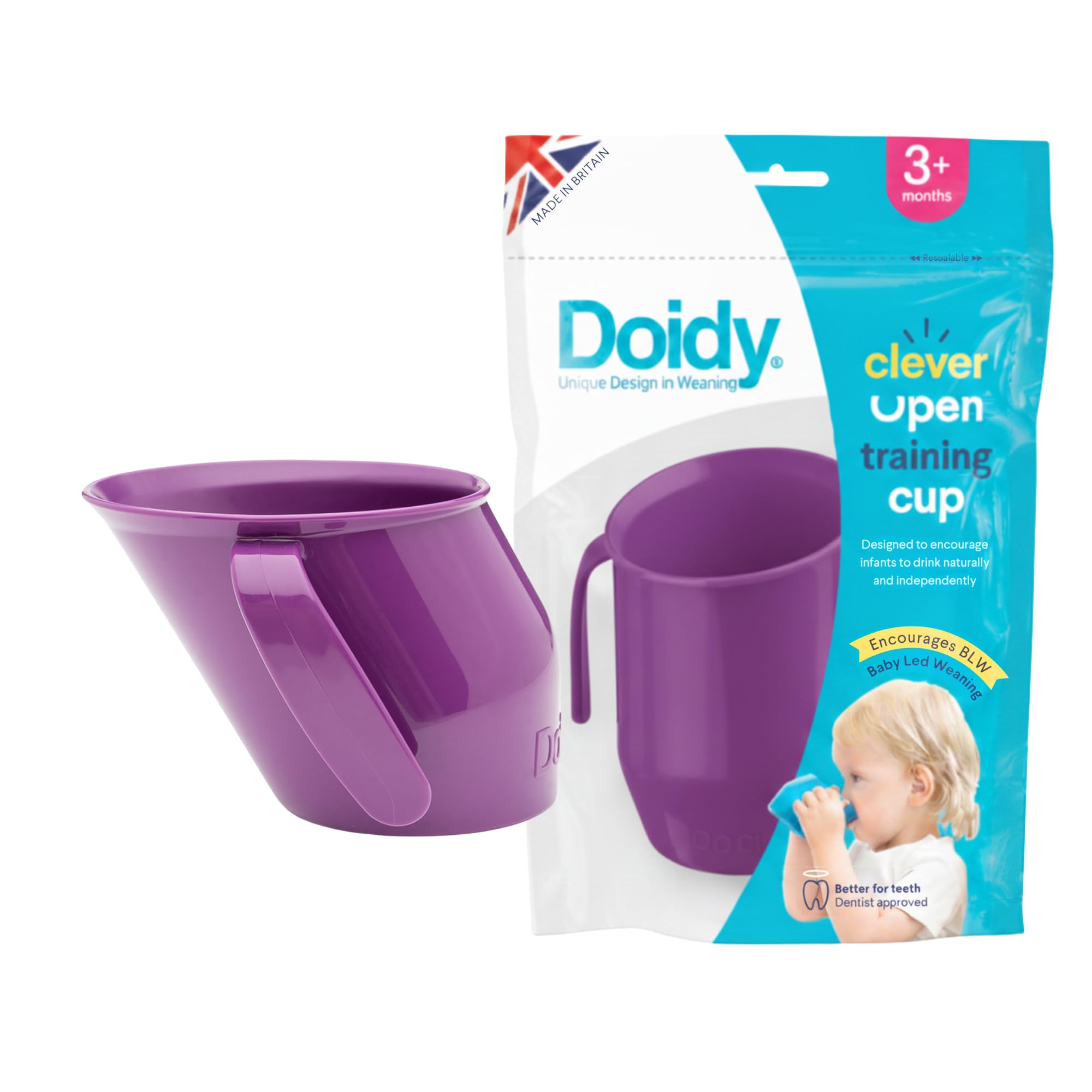 Doidy Cup, Open Cup for Training Baby 6 Months-3 Years, 200ml, Slanted Weaning Cup with Handles for Learning to Drink, BPA Free (Purple)