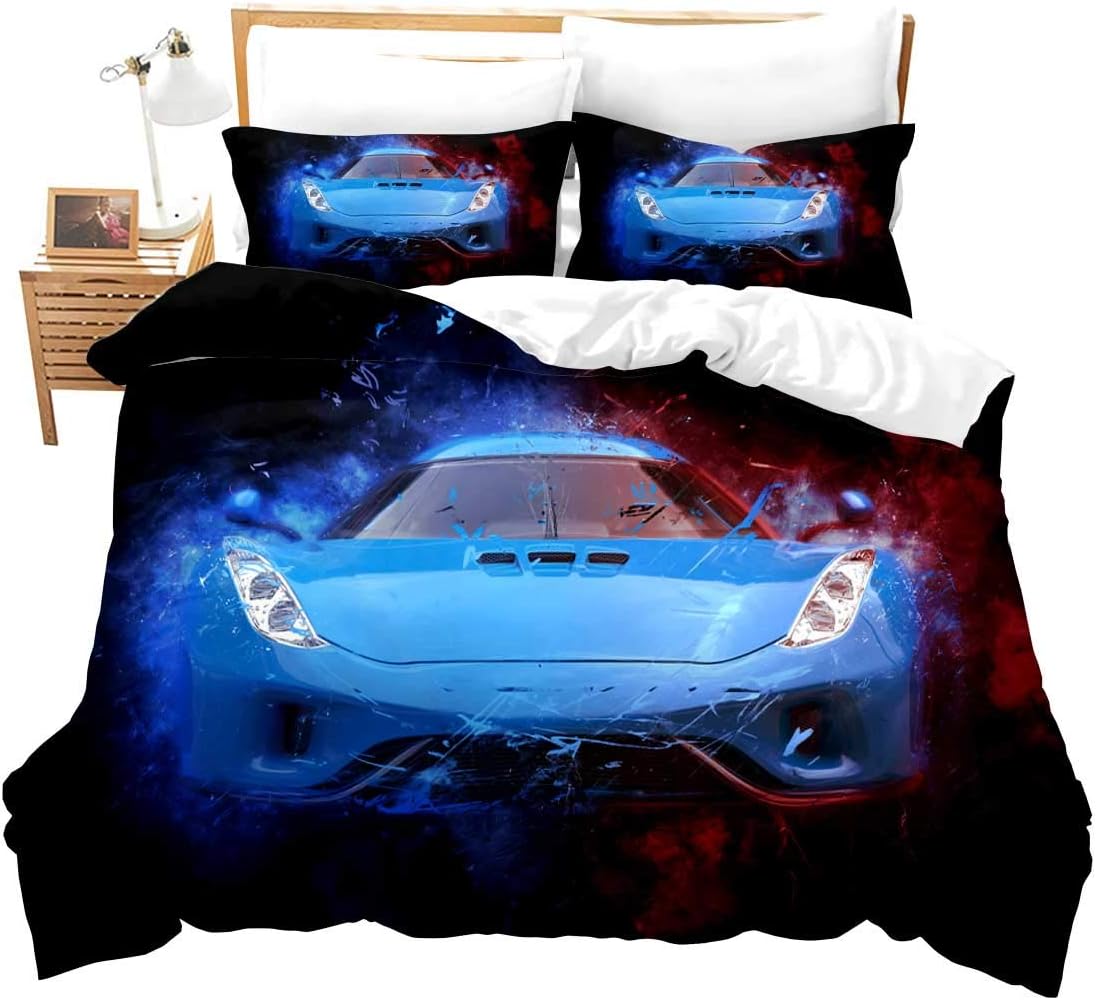 Race Car Bedding Set Full Size for Boys Kids Teens Men Speed Sports Car Decorative Extreme Sports Theme Comforter Cover with 2 Pillowcases Soft Microfiber Zipper Blue Automobile 3 Pcs Novely