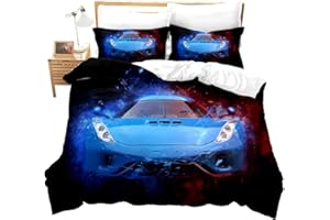 Feelyou Race Car Bedding Set Twin Size for Boys Kids Teens Men Speed Sports Car Decorative Extreme Sports Theme Comforter Cover with 1Pillow Shams Zippe Microfiber Blue Automobile Bedspread Cover