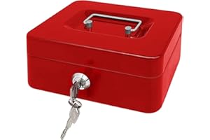 PACOLO Steel Cash Box with Key Lock, Metal Small Money Organizer with Money Tray,Cash Storage Box with Lockable Cover (Red - 8 inch)