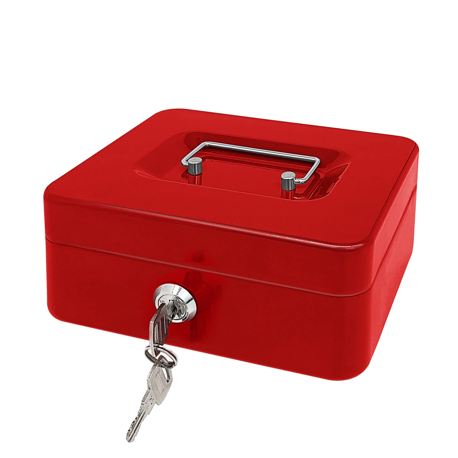 Steel Cash Box with Key Lock, Metal Small Money Organizer with Money Tray,Cash Storage Box with Lockable Cover (Red-20 * 16 * 8.5 CM)
