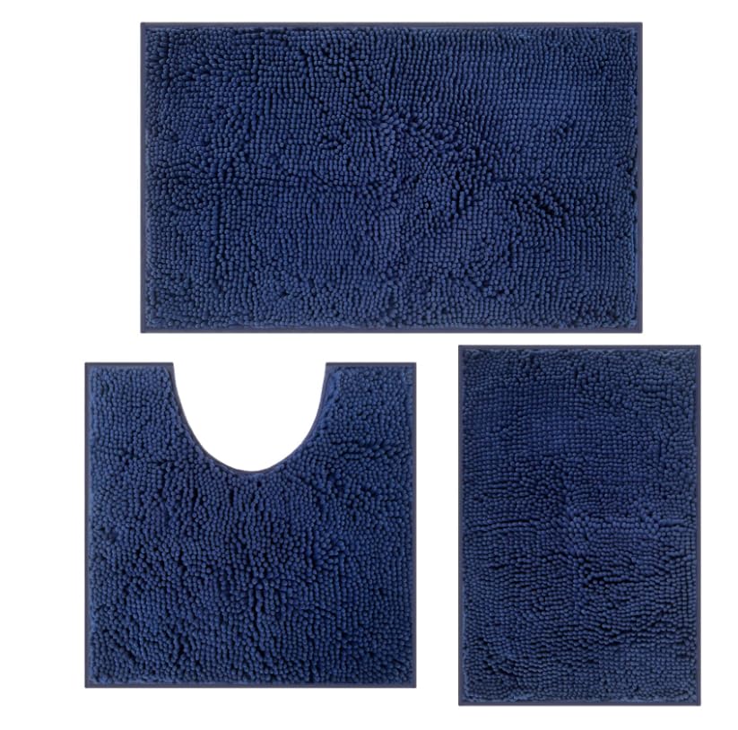 RUN HELIX Ultra Soft Chenille Bath Mat Non Slip, Bath Mat Set 3 Piece, Shaggy Bathroom Mats, Absorbent Bath Mats for Bathroom, Fluffy Bathrooms Mat Set with U-Shaped Toilet Rug (Drak Blue)