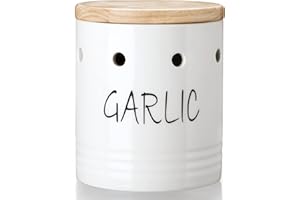 Ceramic Garlic Keeper with Wood Lid, Garlic Container for Counter Easy to Clean,Garlic Saver to Keep Your Garlic Cloves Fresh