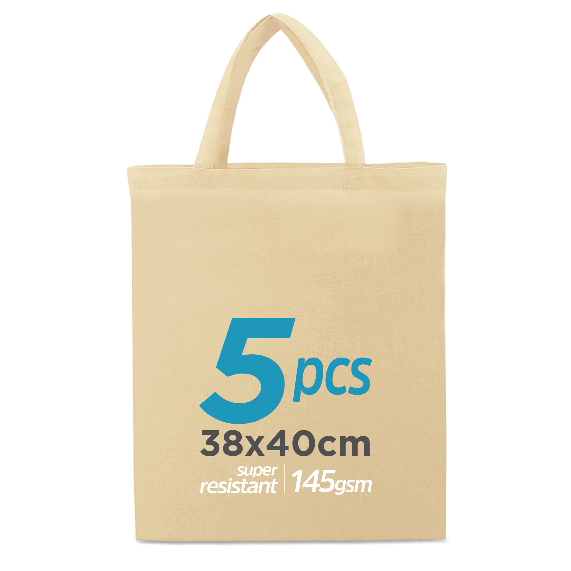 ENERGY FUSION Cotton Tote Bags, Pack of 5, 38 x 42 cm, Beige, Unisex, Reusable